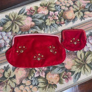 Vintage Midcentury Set of  2 Golden Embroidery Velvet Cosmetic Bags